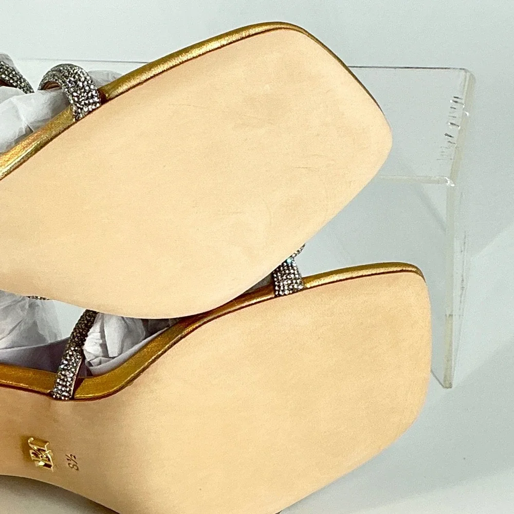 Badgley Mischka Silver Crystal-Strap Gold Block Heel Sandals